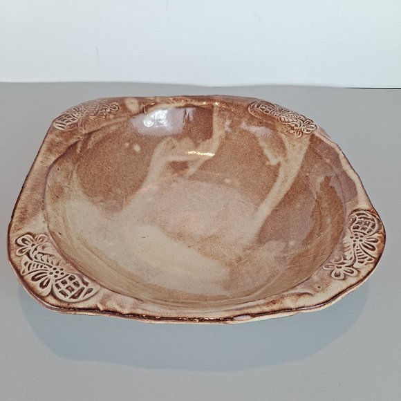 Pottery Bowl Serving Dish with Embossed Corners Signed - Picture 5 of 8